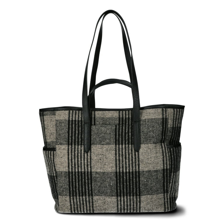 Time and Tru Women's Plaid Double Handle Large Tote Bag, Black | Walmart (US)
