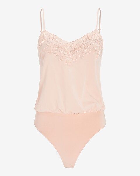 Embroidered Neckline Cami Thong Bodysuit | Express