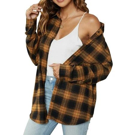 Fantaslook Plaid Flannel Shirts for Women Oversized Long Sleeve Button Down Shirts Blouses Tops | Walmart (US)