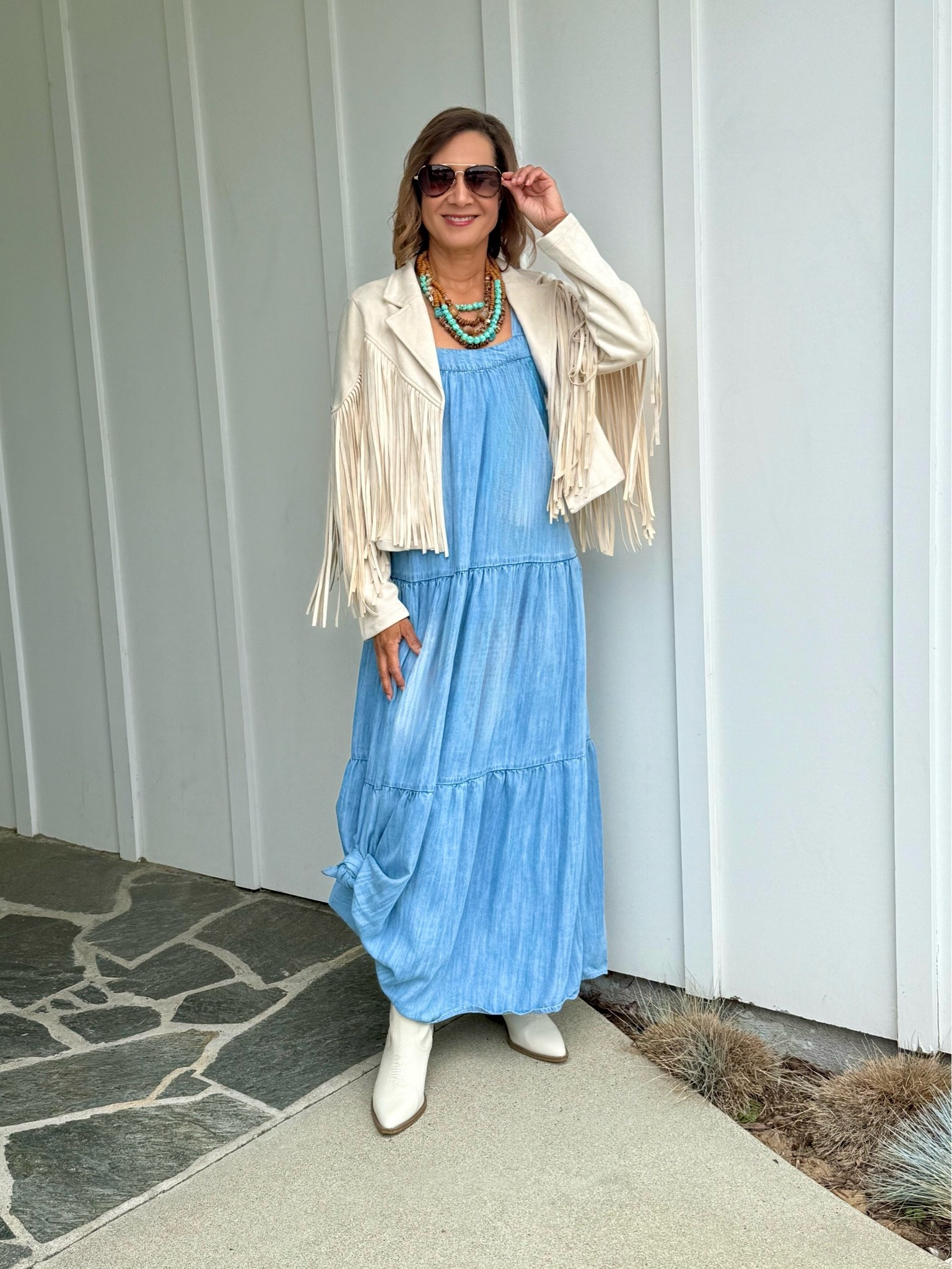 Heading to church with a bit of boho flair. My chambray sundress was rescued from the dark recesses of my closet and looks so cute with this cropped moto jacket.  I added in these affordable white boots because the stacked heel, cut out & pointed toe add the right amount of western vibe.  Scroll to shop! Follow for more affordable style.

#LTKootd #LTKmomlife #LTKOver40