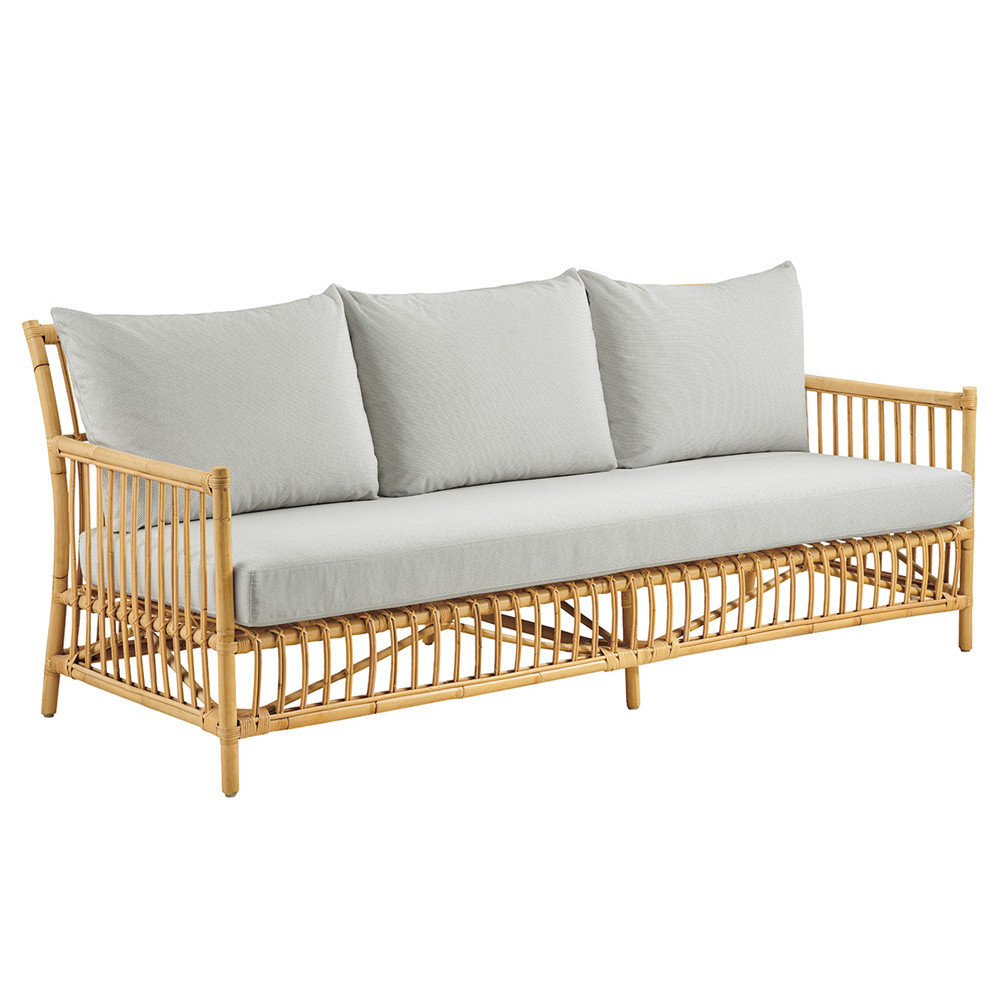 Katelyn Coastal Beach Grey Performance Cushion Natural Rattan Sofa - 77.6""W | Kathy Kuo Home