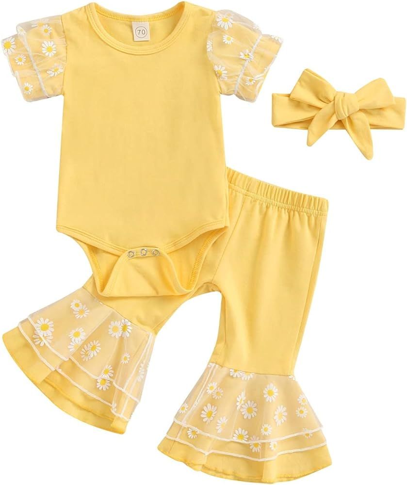 3 Pcs Daisy Pattern Outfits Baby Girls Mesh Patchwork Playsuit Flared Pants Headband | Amazon (US)