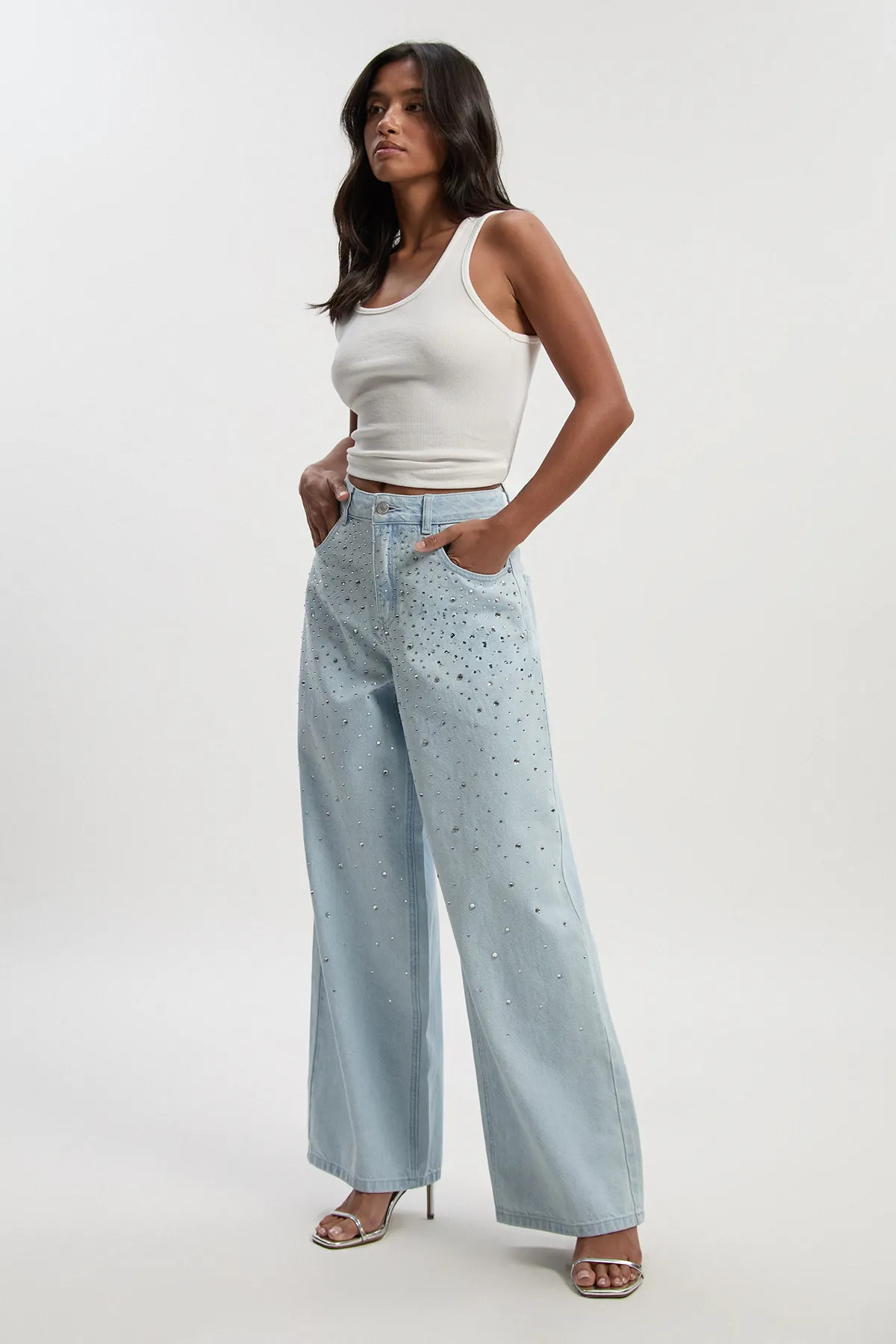 Petite Embellished High Waist Straight Leg Jean | Boohoo.com (UK & IE)
