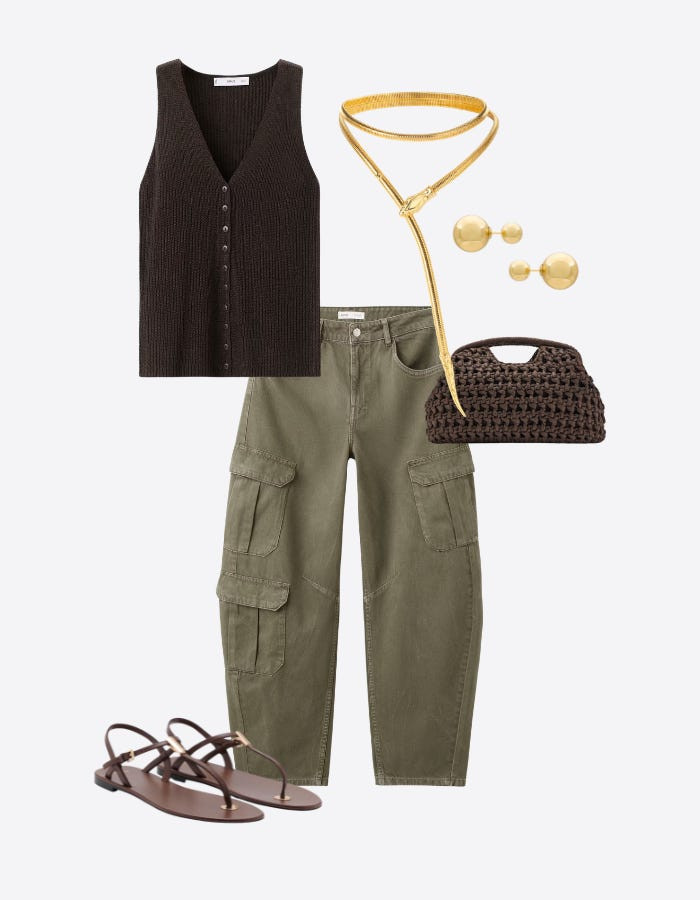Olive Cargo Pants + Chocolate Brown Knit Top || spring outfits // spring outfit ideas // green cargo pants // casual classy outfits // spring style inspo // brown knit top // brown sandals // brown woven bag // raffia bag

#LTKootd