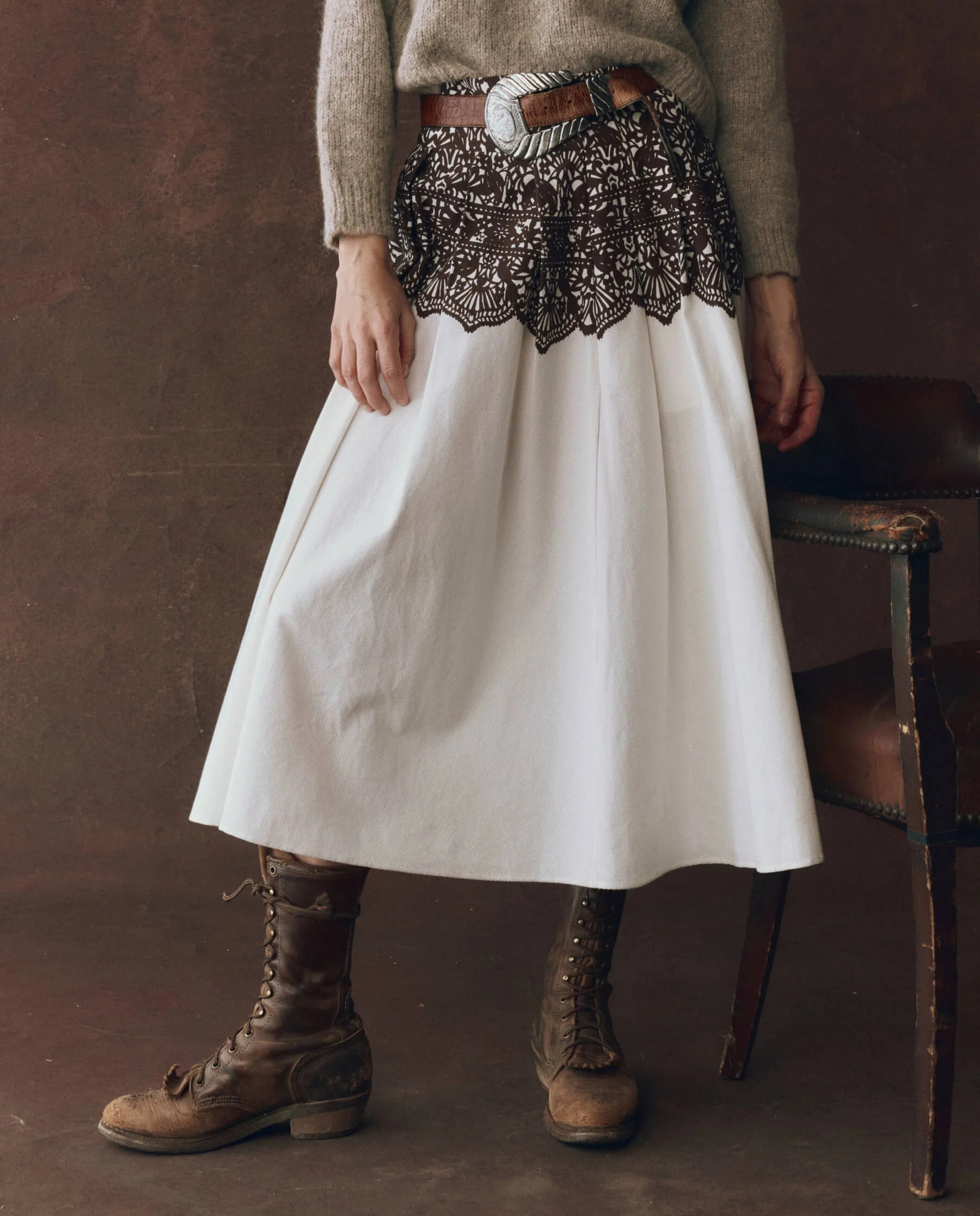 The Regency Skirt. -- Cream With Western Lace Print | THE GREAT.