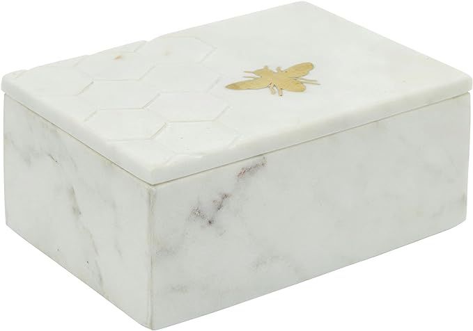 Kingston Living 7" White and Gold Engraved Bee Rectangular Marble Decorative Box | Amazon (US)