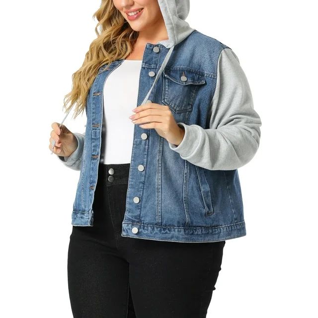 Agnes Orinda Women's Plus Size Layered Drawstring Hood Denim Jacket with Pockets | Walmart (US)