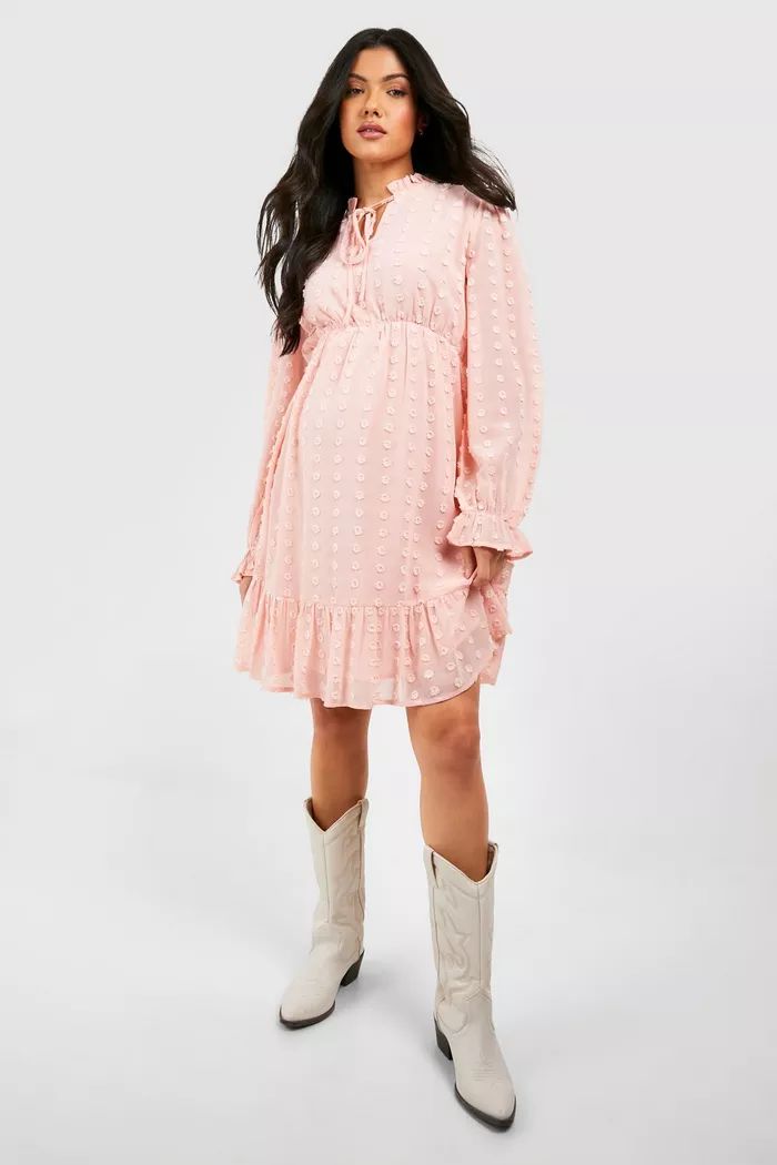 Maternity Dobby Smock Dress | Pale Pink Maternity Dress | Long Sleeve Spring Maternity Dress Bump | boohoo (US & Canada)