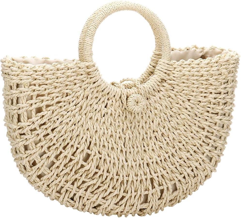 YYW Straw Bags for Women,Hand-woven Straw Top-handle Bag with Round Ring Handle Summer Beach Ratt... | Amazon (US)