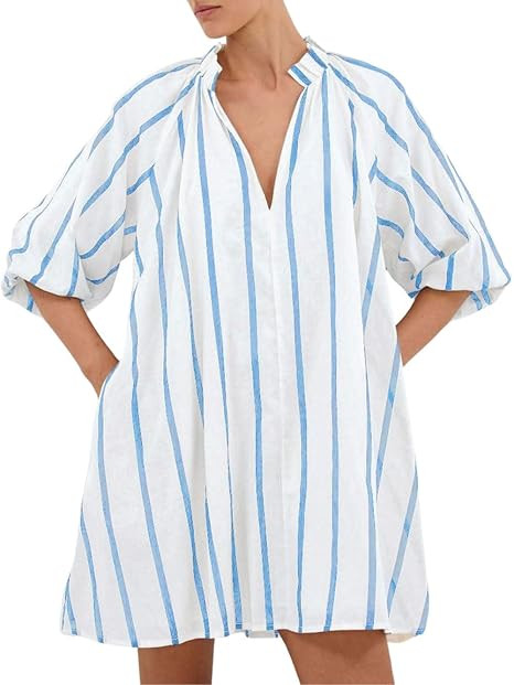 chouyatou Women's Summer Half Puff Sleeve Cotton Linen Dress Notch Neck Striped Midi Dress with P... | Amazon (US)