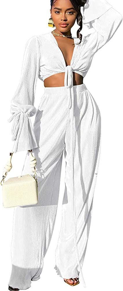 Women 2 Piece Pleated Outfits Casual Flare Sleeve Lacing Crop Tops and Wide Leg Pants Sets Boho Cute | Amazon (US)