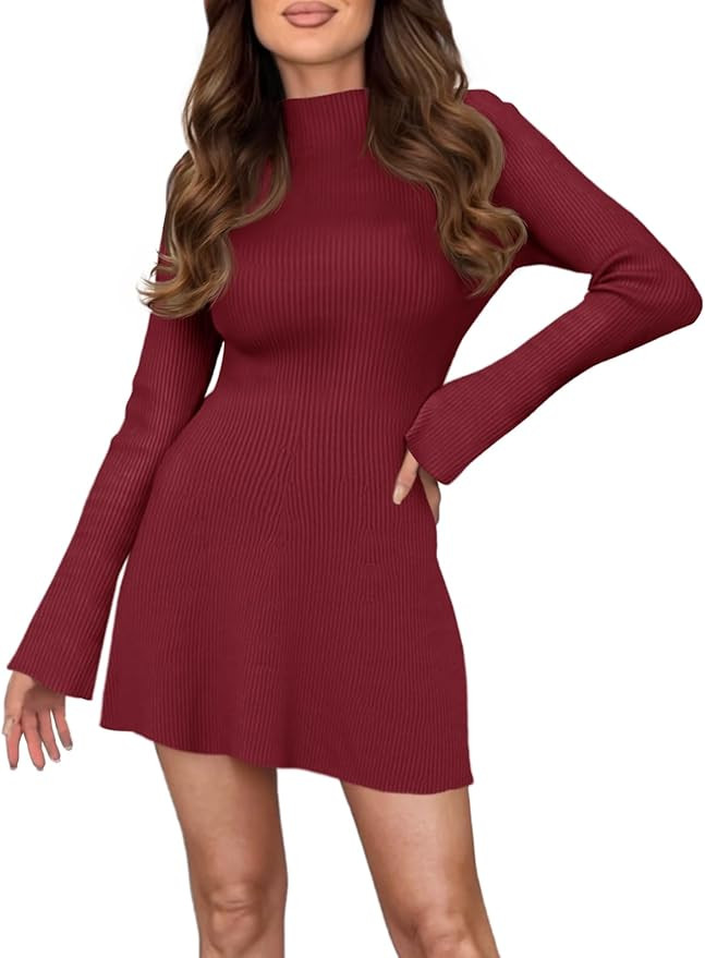 Saodimallsu Womens A Line Mini Sweater Dress Long Sleeve Bodycon Ribbed Knit Mock Neck Fall Short... | Amazon (US)