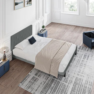 Upholstered Platform Bed Frame With Modern Button Tufted Linen Fabric Headboard, No Box Spring Needed, Wood Slat Support, Easy Assembly | Wayfair North America