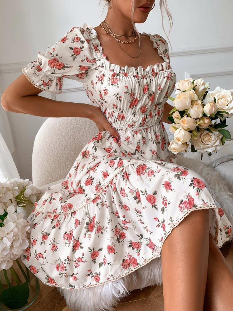 Allover Floral Square Neck Flounce Sleeve Dress | SHEIN