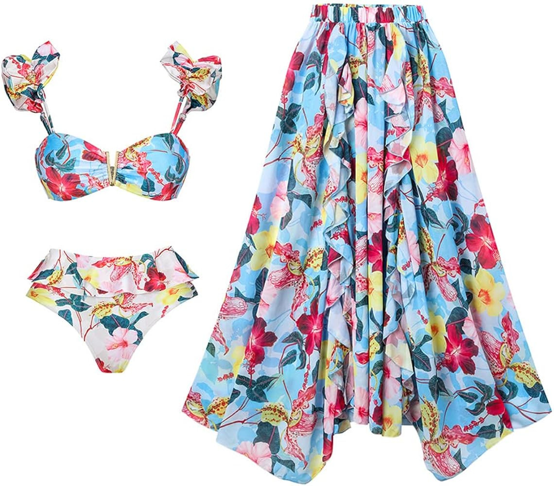 Women's One Piece Swimsuit with Cover Up Skirt Bikini Sarong Set Floral Print Bathing Suit with W... | Amazon (US)