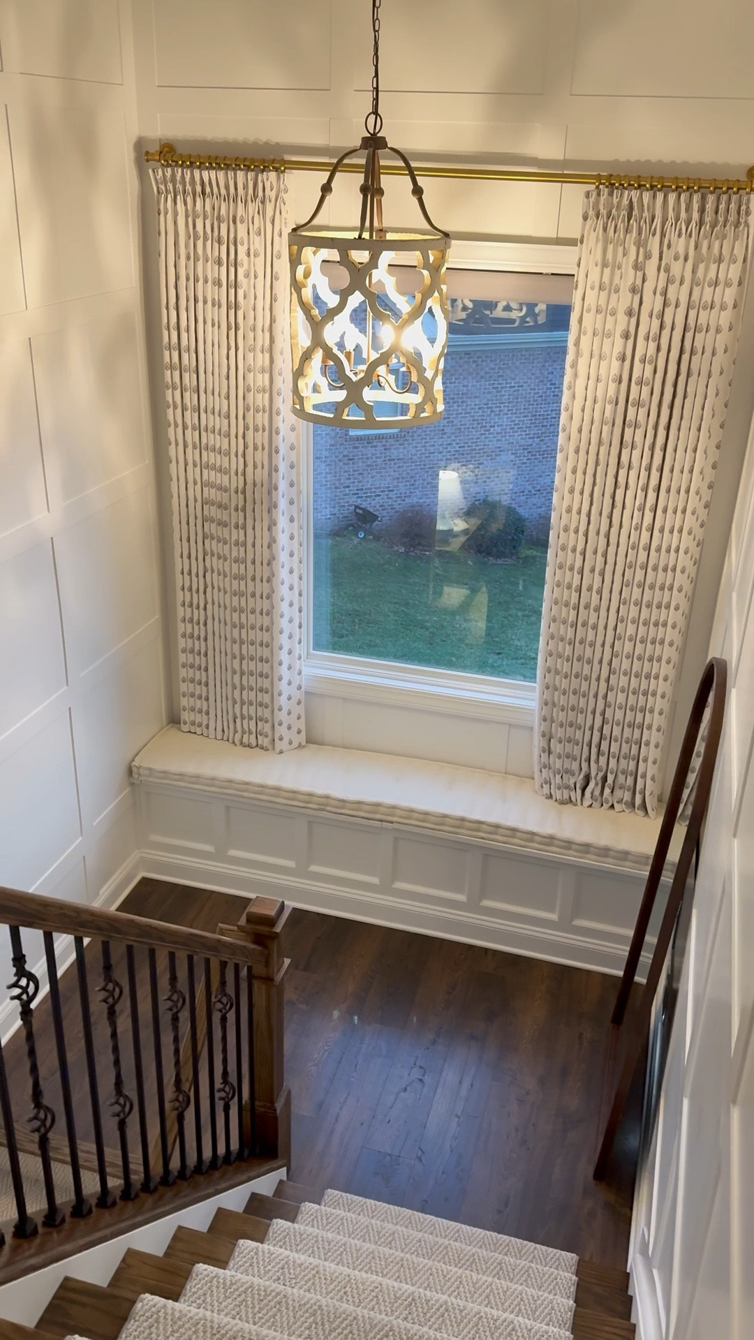 Linking our wood chandelier and gorgeous printed curtains on our stair case landing. The custom bench cushion is from an online company called Hearth & Home. They make the most beautiful cushions! Our stair runner is made by Anderson TufTex. Color is foggy. Contact your local carpet store  

#LTKHome