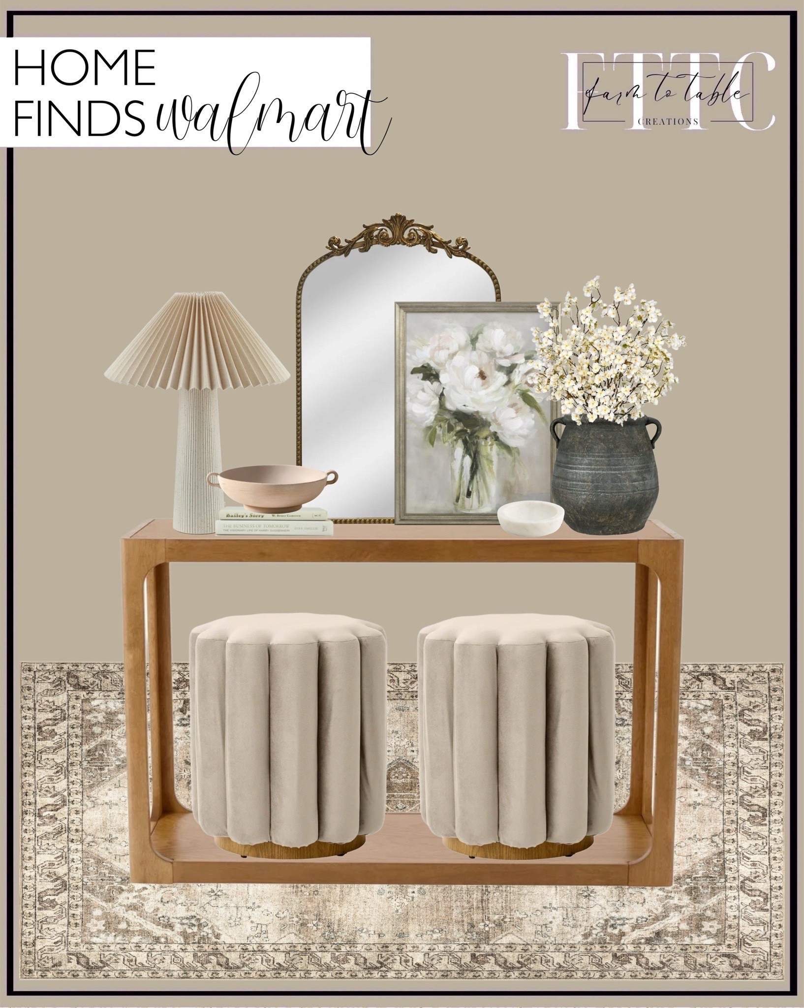 Walmart Home Finds. Follow @farmtotablecreations on Instagram for more inspiration.

My Texas House Haven Console Table. My Texas House Peachy Rose Bouquet Framed Art. Filigree Arched Wall Mirror. Area Rug. Ivory pleated shade ribbed ceramic table lamp. Better Homes & Gardens 9.75" Ceramic Low Stone Distressed Bowl, Taupe. Creative Co-Op Whitewashed Terra-cotta Urn, Grey. Creative Co-Op Stoneware Match Holder with Striker Plate and Reactive Glaze, Grey. Better Homes & Gardens Lillian Velvet Tufted Ottoman, Beige. Decorative Books. Cherry Blossoms. Marble Trinket Dish. 

Entryway Decor | Dining Room | Dining Room Artwork | Bathroom Finds | Bedroom Finds | Bedroom Furniture | nightstands | Home Decor| Fireplace Decor | Spring Refresh |  Bedroom Finds | Neutral Stems | Spring Stems | Bookshelf Decor | Bedroom Space | Cozy Corner | Bathroom | Curated Entryway | Spring  Decor | End of Year Clearance | Trending Decor | Viral Decor  | Coffee Table Decor | Neutral Decor | Fall Stem Sale | Target Finds | Skinny Bench | Bedroom | Living Room | Breakfast Nook | Amazon Home | Target Sale | Loloi Rugs | Magnolia Home | console table | console table styling | faux stems | entryway space | front porch decor | neutral decor | entryway decor | cozy home | affordable decor |  home decor | home inspiration | console styling | entryway rug | cozy moody home | moody home decor | neutral home | bathroom decor | living room | spring decor | Hearth & Hand | Studio McGee | 2025 Home Trends | trending home | Crate&Barrel 

#LTKSaleAlert #LTKHome #LTKFindsUnder50