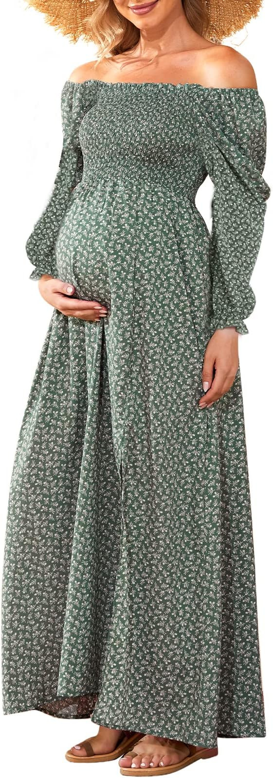 Floral Print Square Neck Puff Sleeve Maternity Dress for Baby Shower Photoshoot, Boho Smocked Spl... | Amazon (US)