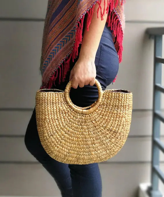 Natural Basket Handmade Straw bag Water Hyacinth Bag Woven Bag Sea Grass Bag Beach Bag top Handle Ba | Etsy (US)