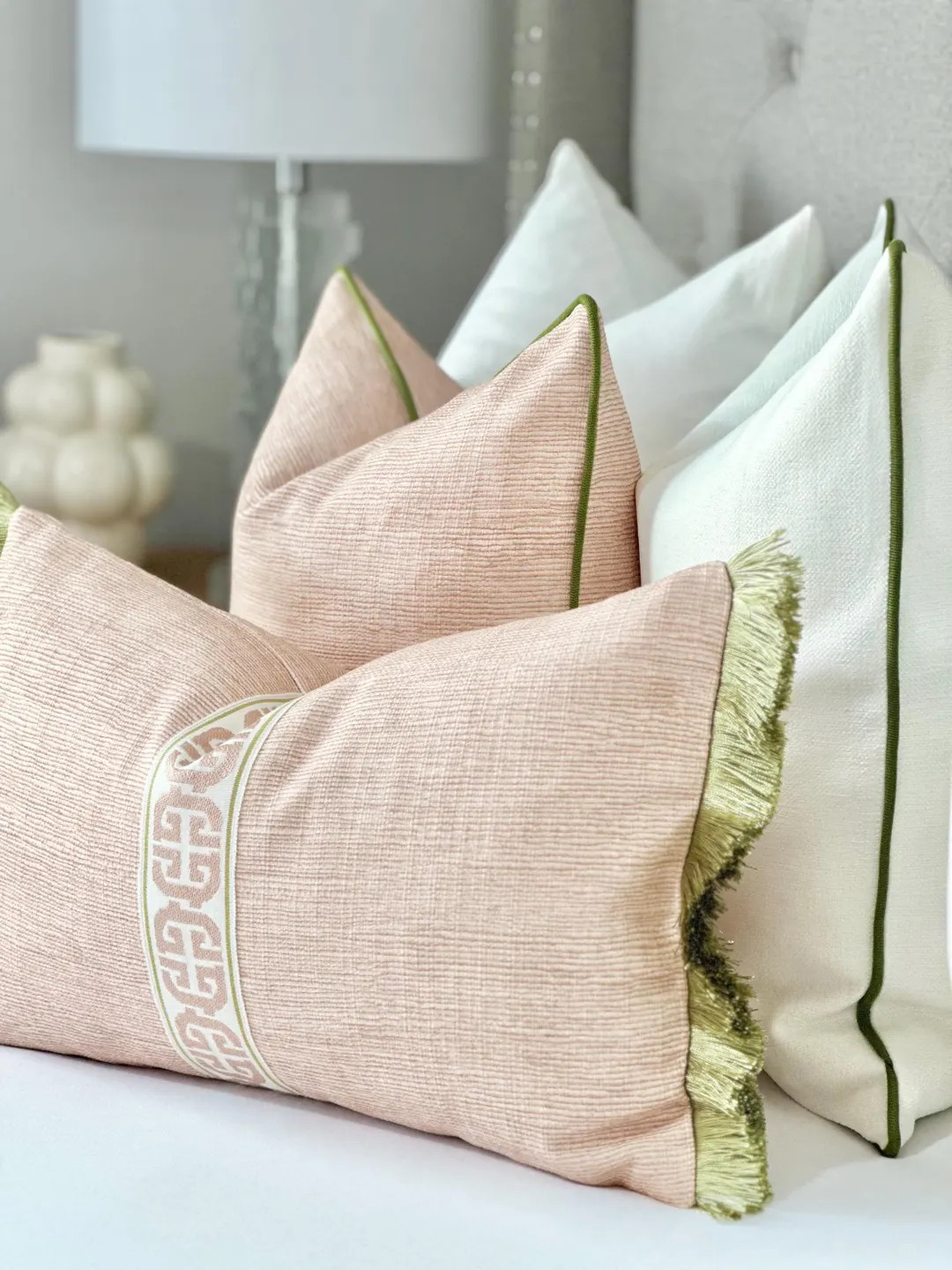 Blush Throw Pillow Cover With Decorative Tape Detail | Modern Blush Pillow Cover With Olive Green... | Etsy (US)