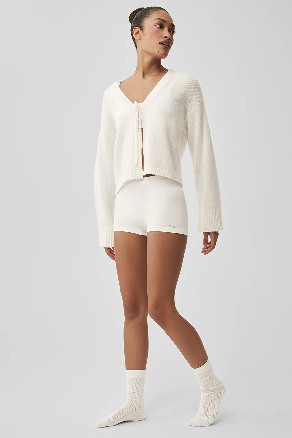 ALO | Wool Cashmere New Class Tie Cardigan Top in Ivory White, Size: XS | Alo Yoga (US)