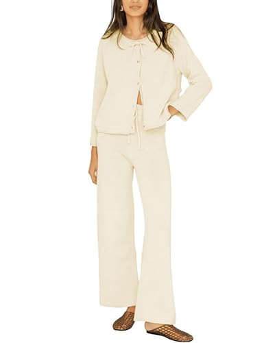 Ynhonra Women's Knit Lounge Set 2 Piece Outfits Long Sleeve Cardigan and Wide Leg Pants(Beige-L) | Amazon (US)