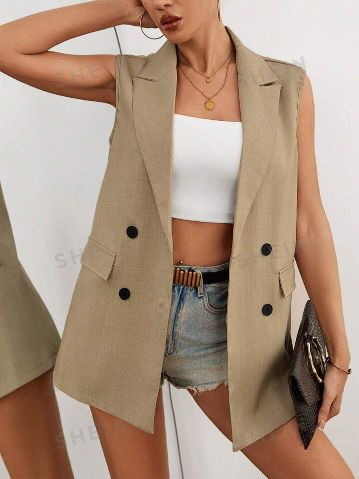SHEIN Essnce Women's Sleeveless Double Breasted Blazer With Contrast Collar | SHEIN USA | SHEIN
