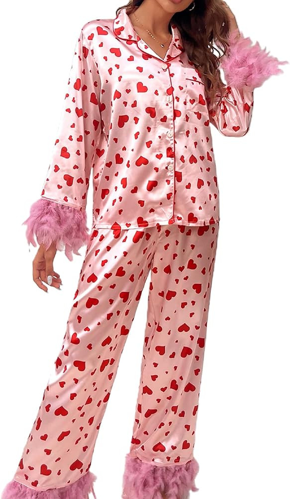 Faretumiya Women Pajamas Heart Bow Print Silk Pjs Feather Trim Long Sleeve Shirt Pj Pants Lounge ... | Amazon (US)