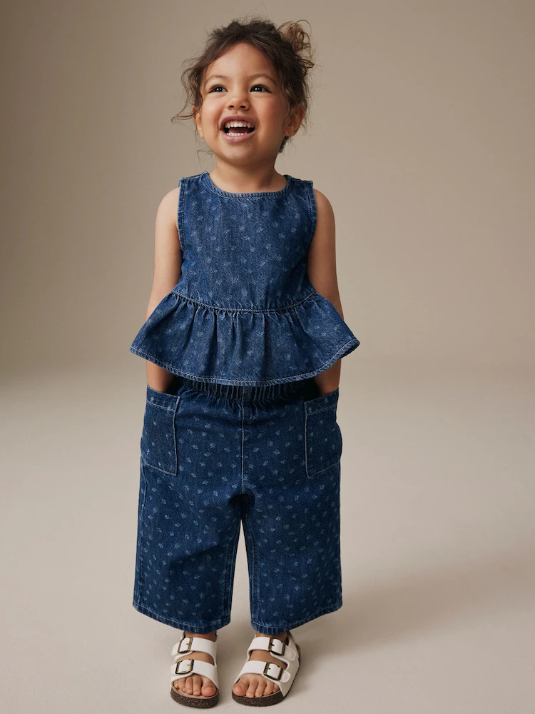 Dark Blue Floral Printed Denim Top and Trousers Set (3mths-7yrs) | Next US