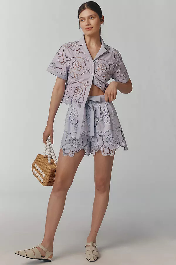 Brynlee Embroidered Scallop-Hem Belted Shorts | Anthropologie (US)