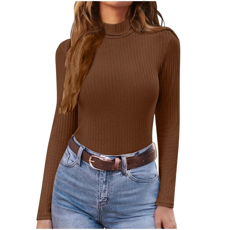 Hinvhai Womens Long Sleeve Turtleneck Sweater Cable Knit Lightweight Fitted Pullover Tops Coffee ... | Walmart (US)
