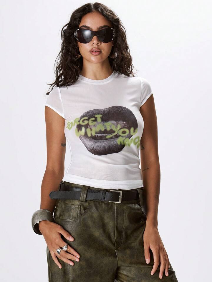 MUSERA Slogan Fitted Short Sleeve Top T-Shirt Graphic Tee Casual Summer Festival Holiday Airport | SHEIN