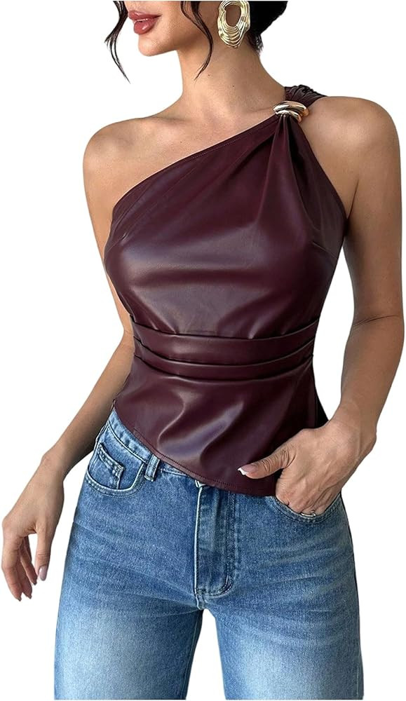 Floerns Women's Leather One Shoulder Tank Top Sleeveless Ruched Night Out Outfit | Amazon (US)