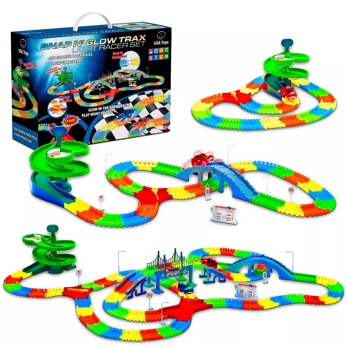 STEM Glow In The Dark Trax Race Tracks & Two LED Toy Cars 360-piece Set | Kohl's