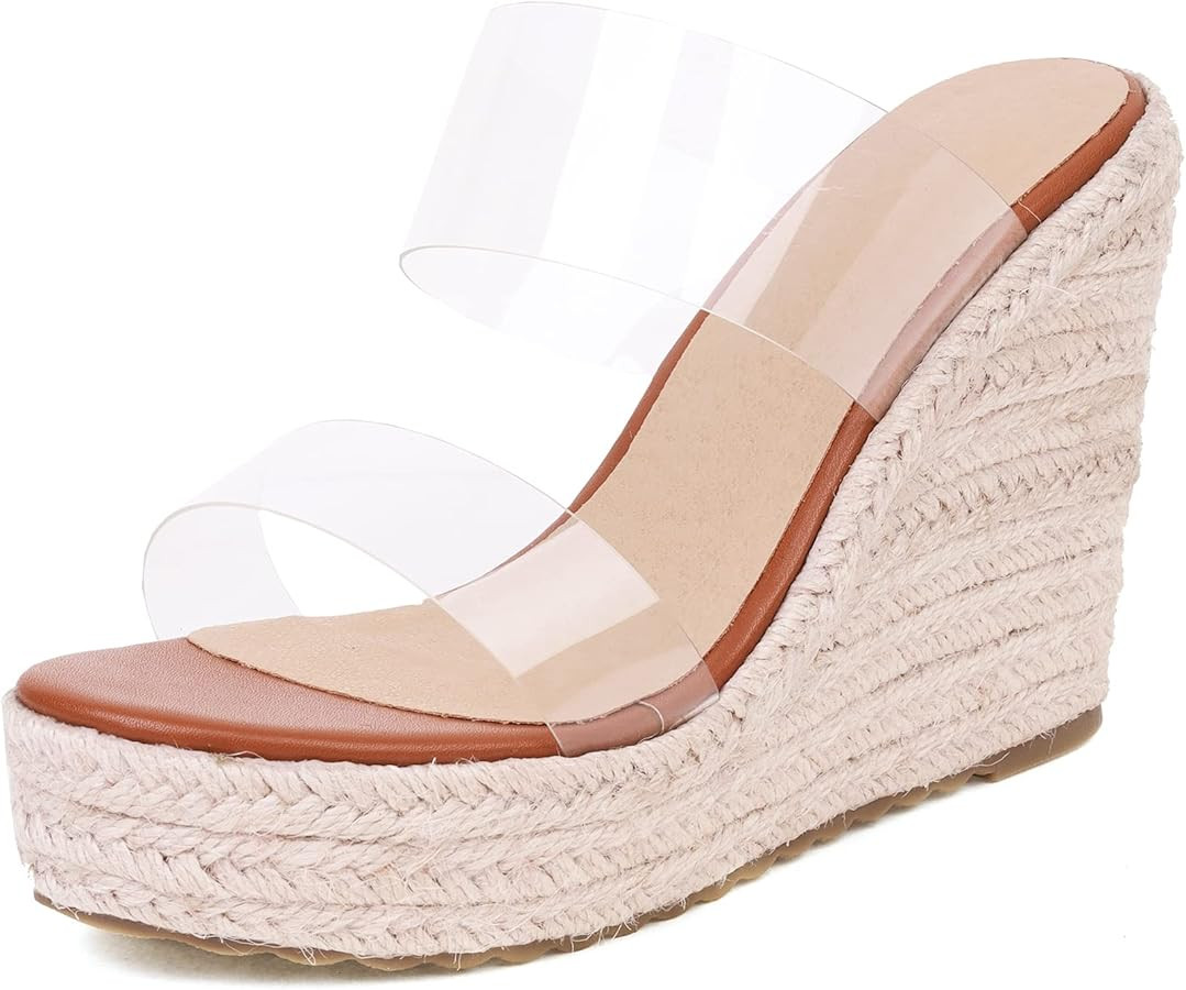 VARECOLA Women Slip On Espadrille Platform Wedge Sandals Slide Open Toe Clear High Heel Sandals | Amazon (US)