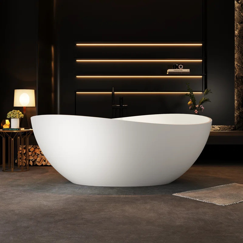 63" x 37" Freestanding Soaking Solid Surface Bathtub Stone Resin Bath Tub with Overflow, Pop-up D... | Wayfair North America