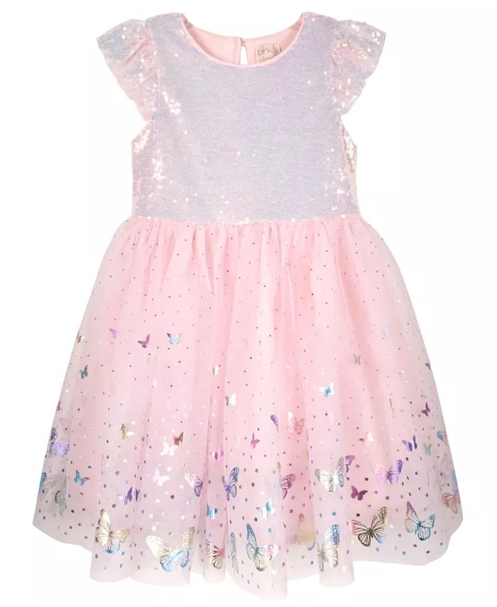 Toddler Girls Sequin Flutter Sleeve and Printed Foil Butterfly Border Dress | Macy's