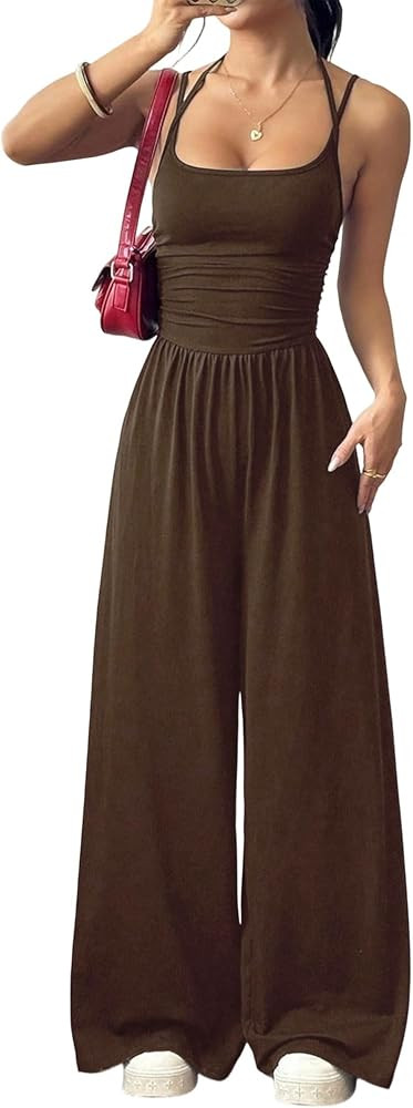 Women\u2019s Wide Leg Jumpsuit, Backless Spaghetti Strap Sleeveless One Piece Outfit, Dressy Casu... | Amazon (US)