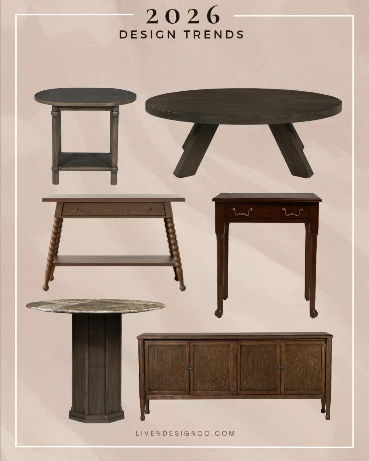 Interior design trends 2026. Dark wood finished furniture. Dining table. Side table. Accent table. Sideboard. Marble table. Nightstand. Vintage nightstand. Console table 

#LTKSeasonal #LTKHome #LTKSaleAlert