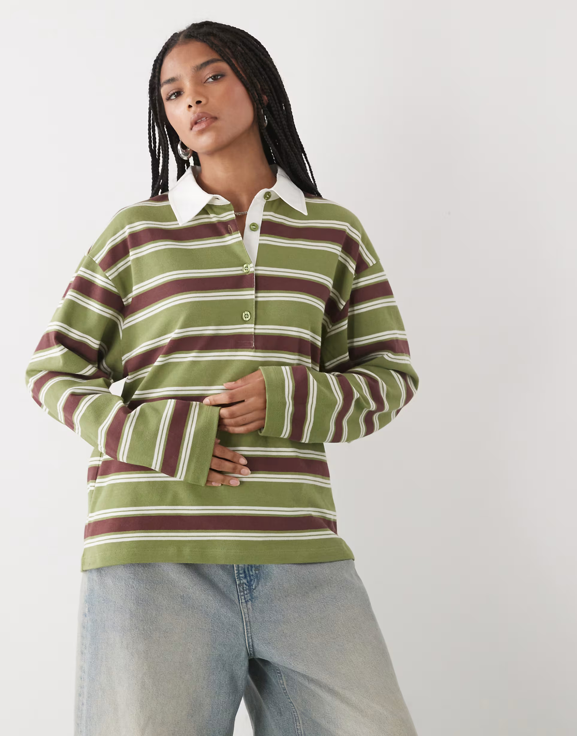 Reclaimed Vintage stripe rugby long sleeve polo in green and brown | ASOS (Global)