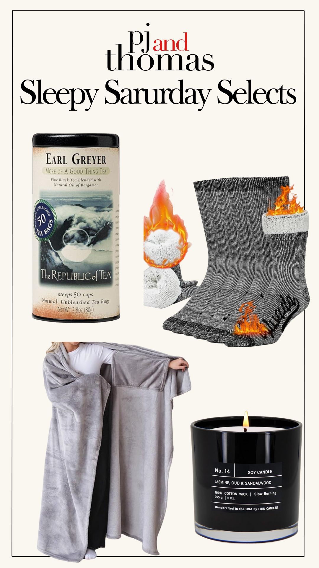 🛏️ Cozy vibes only – welcome to our dreamy Saturday lineup. Perfect for slowing down and staying in.
☕ Earl Grey tea
🧦 Heated socks
🕯️ Luxe soy candle
🛋️ Wearable blanket that’s basically a hug
#LTKCozyHome #WeekendVibes #SleepySaturday #pjandthomas

 

 #LTKHome #LTKFindsUnder50 #LTKFamily