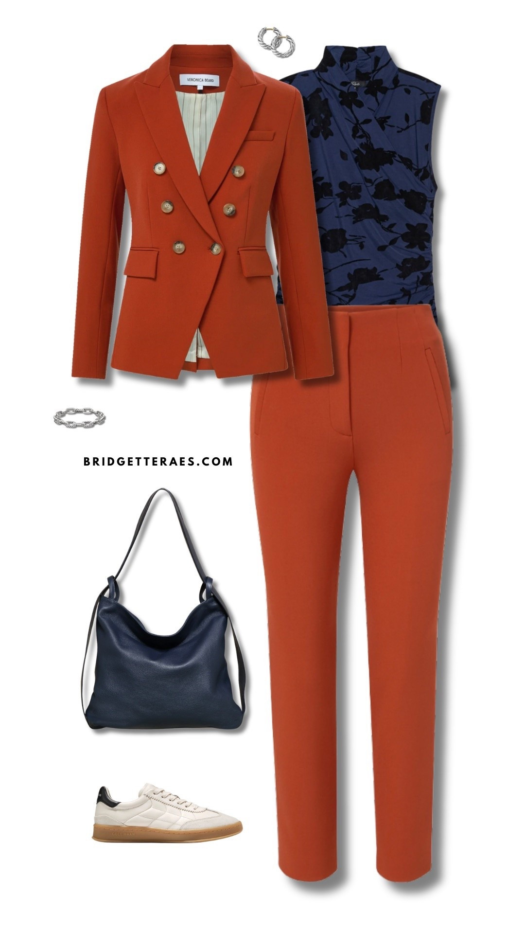 The rust-orange tailored blazer and matching trousers exude confidence and energy, while the navy floral sleeveless top adds subtle dimension and visual interest without detracting from the outfit’s polish. A navy convertible bag complements the look with effortless ease, and the  sneakers modernize the ensemble for a workday that demands both style and mobility. With clean silver accents and timeless tailoring, this outfit is ideal for leaders who move fast, make decisions, and still want to feel sharp and pulled-together from boardroom to brainstorm.

#LTKgrwm #LTKootd #LTKWorkwear