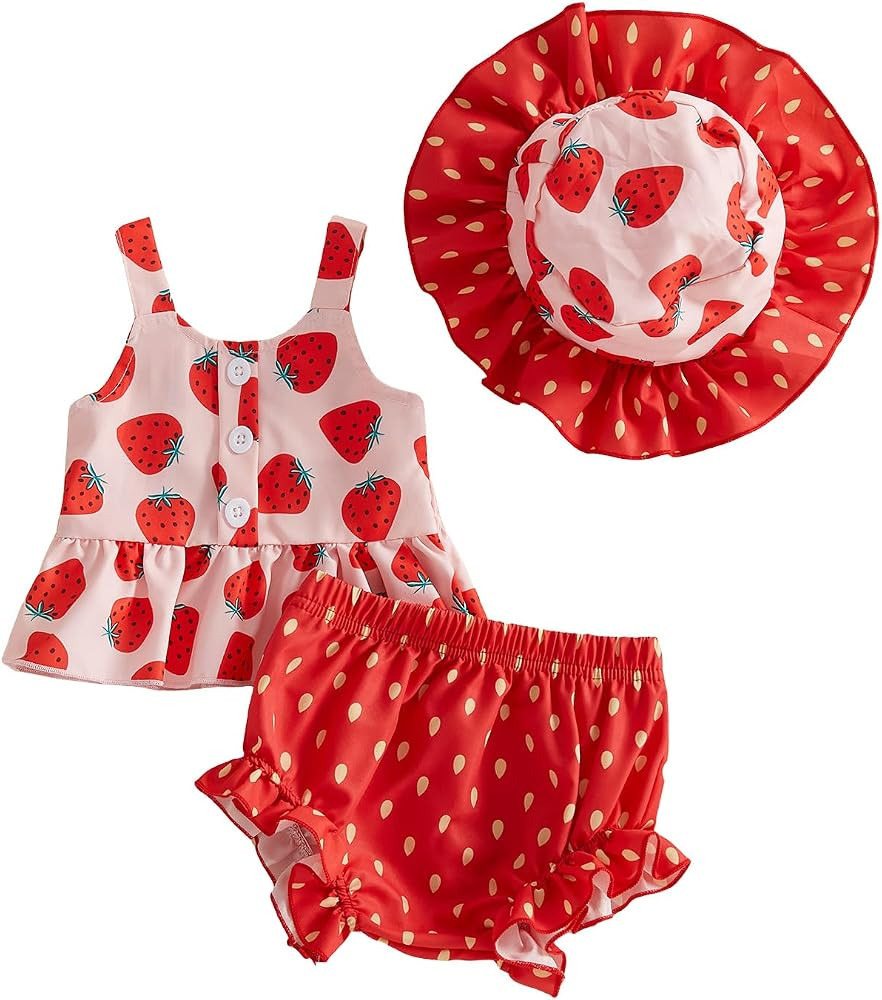 Baby Girl Strawberry Outfit Floral Ruffle Sleeveless Top Shorts Set Western Toddler Clothes Infan... | Amazon (US)