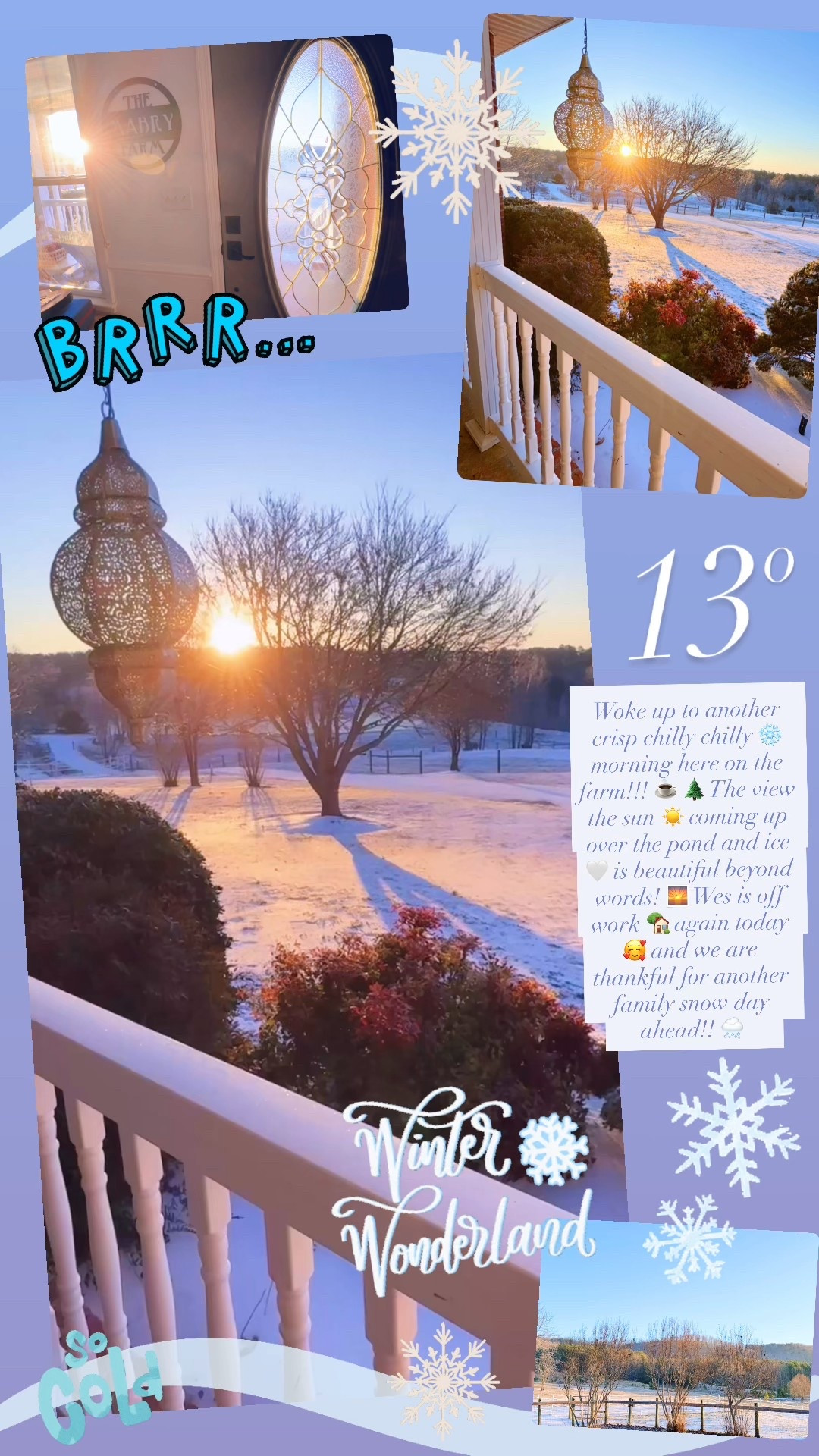 Woke up to another crisp chilly chilly ❄️ morning here on the farm!!! ☕️ 🌲 The view the sun ☀️ coming up over the pond and ice 🤍 is beautiful beyond words! 🌅 Wes is off work 🏡 again today 🥰 and we are thankful for another family snow day ahead!! 🌨️