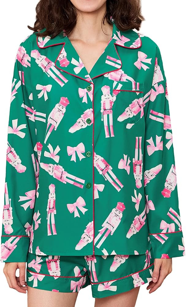 Aonoapll Women Christmas Pajamas Shorts Set Cute Patterned Long Sleeve Shirts and Shorts 2 Piece ... | Amazon (US)