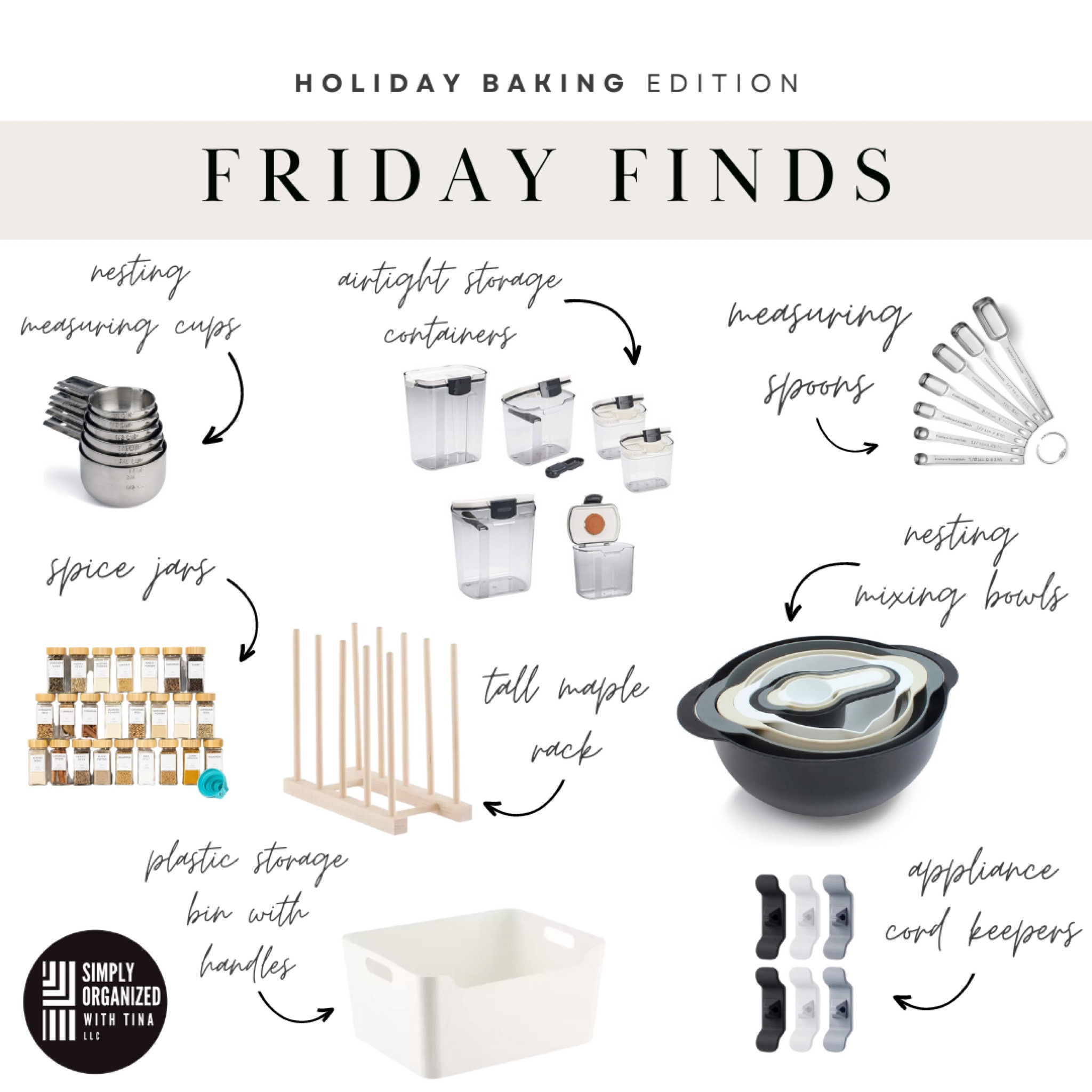 Signed up to bring in cookie donations or planning to bake up treats for your friends and family this holiday season? 🍪 🎄What better time to get your kitchen and pantry ready for all the baking ahead. Here are some of our favorite finds to keep your pantry organized and reduce stress as you head to the kitchen:
▪️Airtight storage containers- Decanting your ingredients will help keep them fresh and make it easy to see how much you have and when it's time to stock up
▪️Nesting mixing bowls- Great for multiple step recipes and nest to free up valuable cabinet space
▪️Nesting measuring cups- Multiple sizes that nest to take up less drawer space
▪️Storage bin- Bins make it easy to contain all those small items to zone baking items in pantry; just grab the bin when you're ready to bake your holiday treats
▪️Tall maple rack - Perfect for organizing and storing baking sheets and treat trays
▪️Spice jars- Decant your spices 
▪️Measuring spoons- These spoons fit perfectly in any spice jar to make measuring easy and mess free
▪️Appliance cord keeper- Keep your appliance cord tidy and organized 

#LTKhome #LTKGiftGuide #LTKHoliday