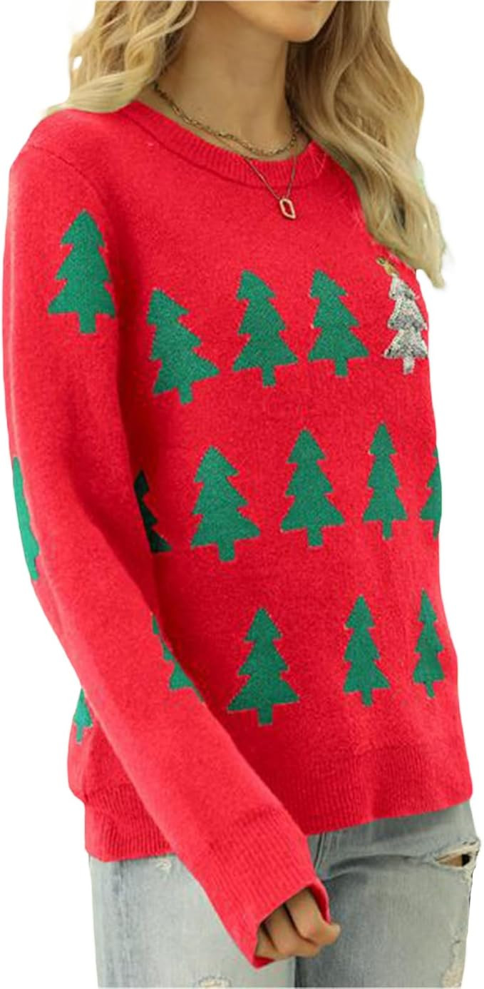 Women's Ugly Funny Christmas Sweaters Long Sleeve Knit Pullover Sweater Cute Reindeer Tree Snowfl... | Amazon (US)