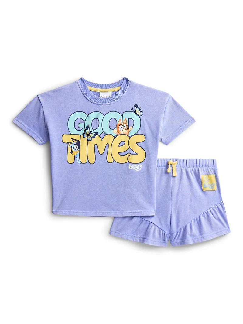 Bluey Toddler Girls Short Sleeve Graphic Tee and Matching Ruffle Shorts Set, 2-Piece, Sizes 12M-5... | Walmart (US)