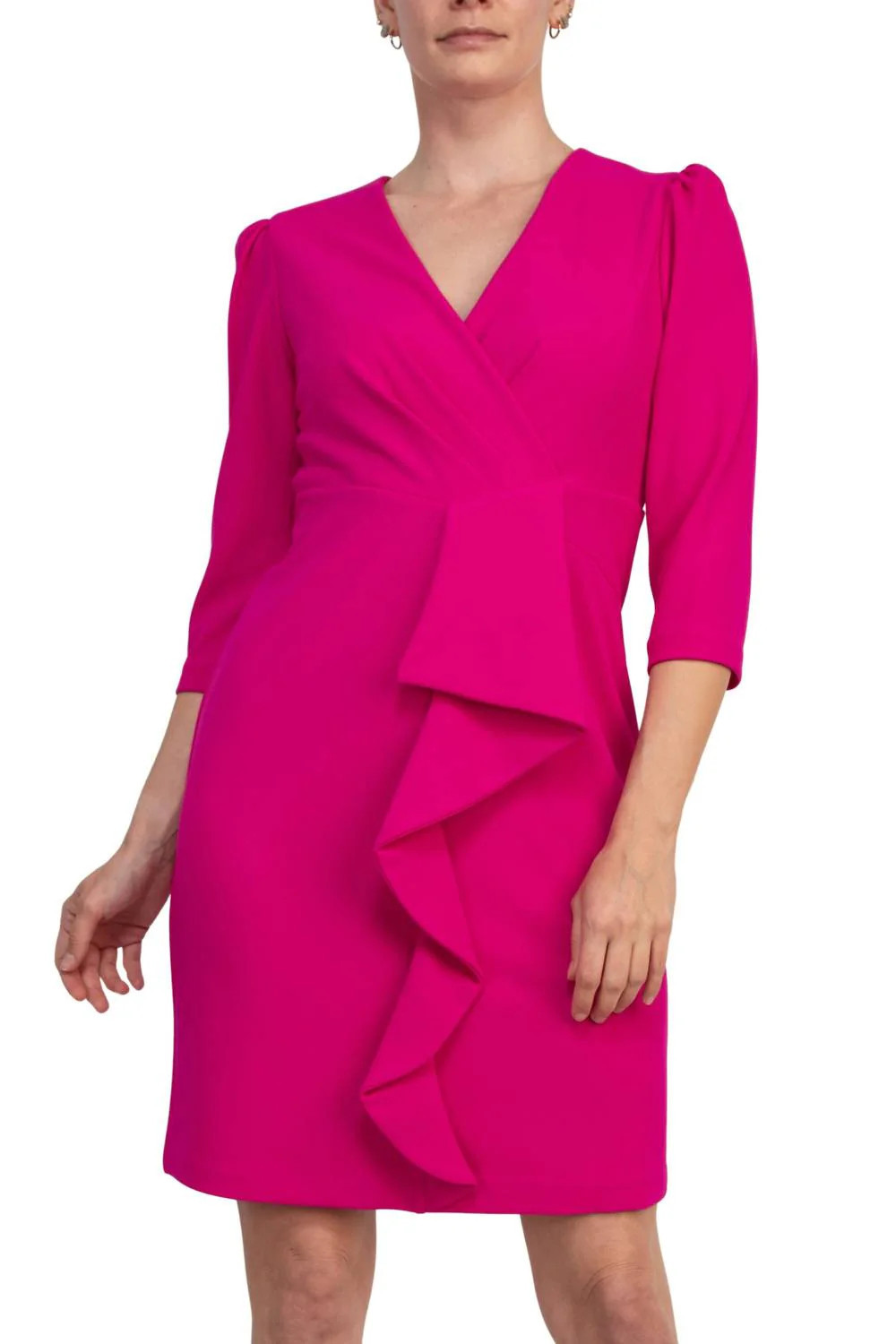 V-Neckline Pleated Cascade Front Ruffled Sheath Dress In Hot Pink | Shop Simon