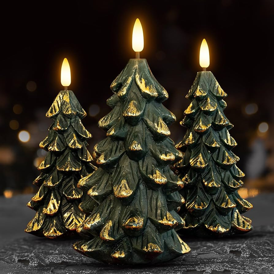 Green Christmas Tree Shaped Flameless Candles with Timer, Real Wax 3D Wick Flickering Battery Ope... | Amazon (US)